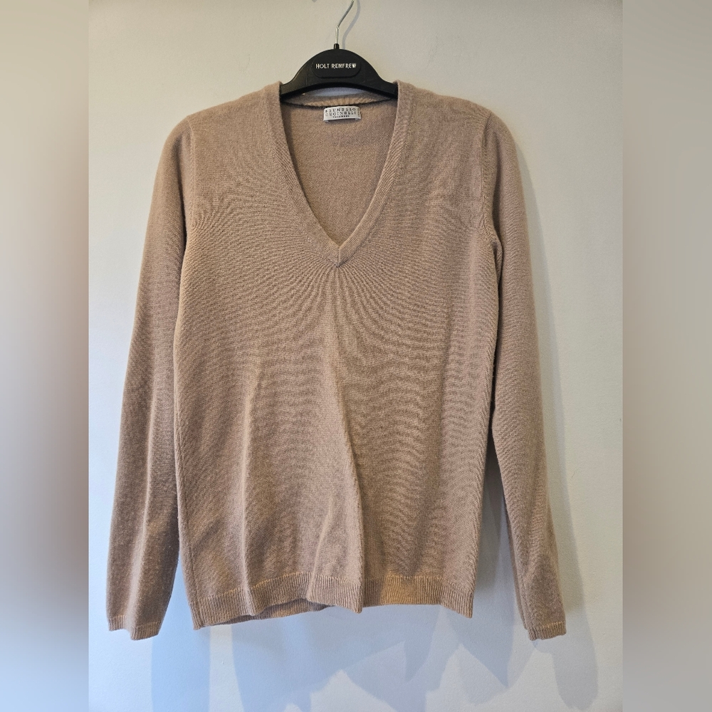 Brunello Cucinelli Cashmere V-neck With Suede Patch Elbows XS